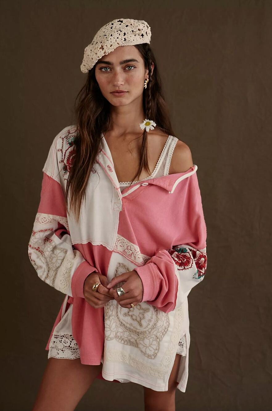 FREE PEOPLE Attic Craft Polo in Tea Rose Combo Size XL NEW